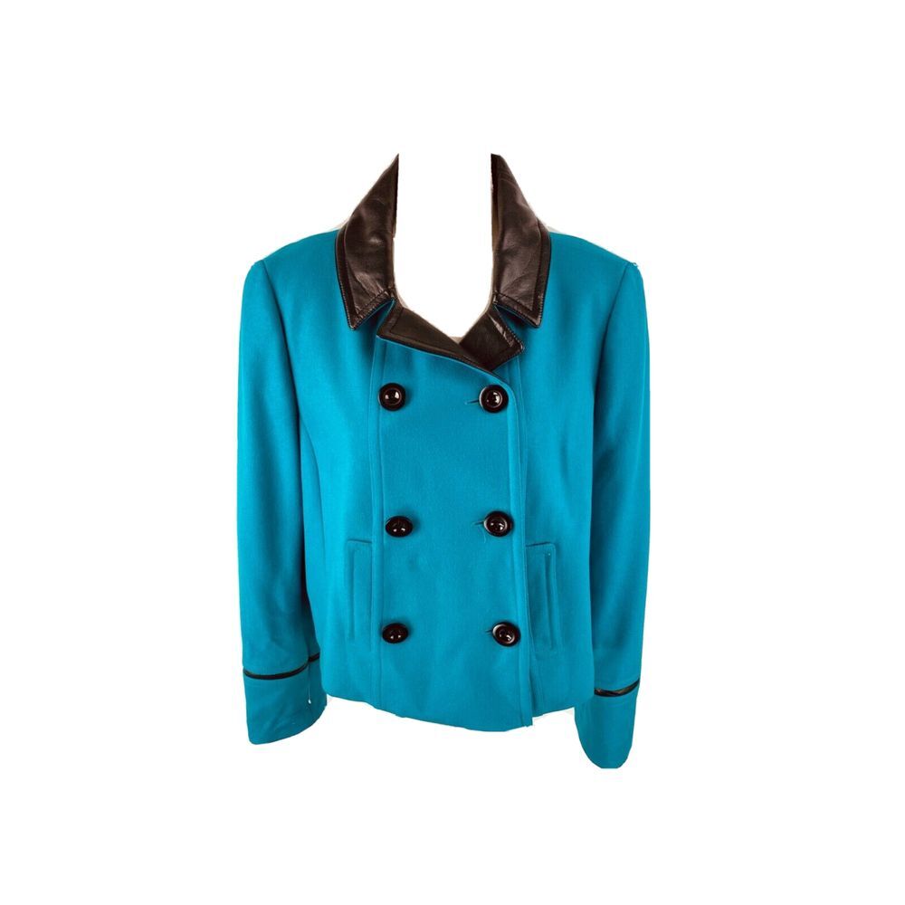 Carlisle Womens 14 Vtg Wool Blend Double Breasted Button Coat‎ Blue Faux Leather